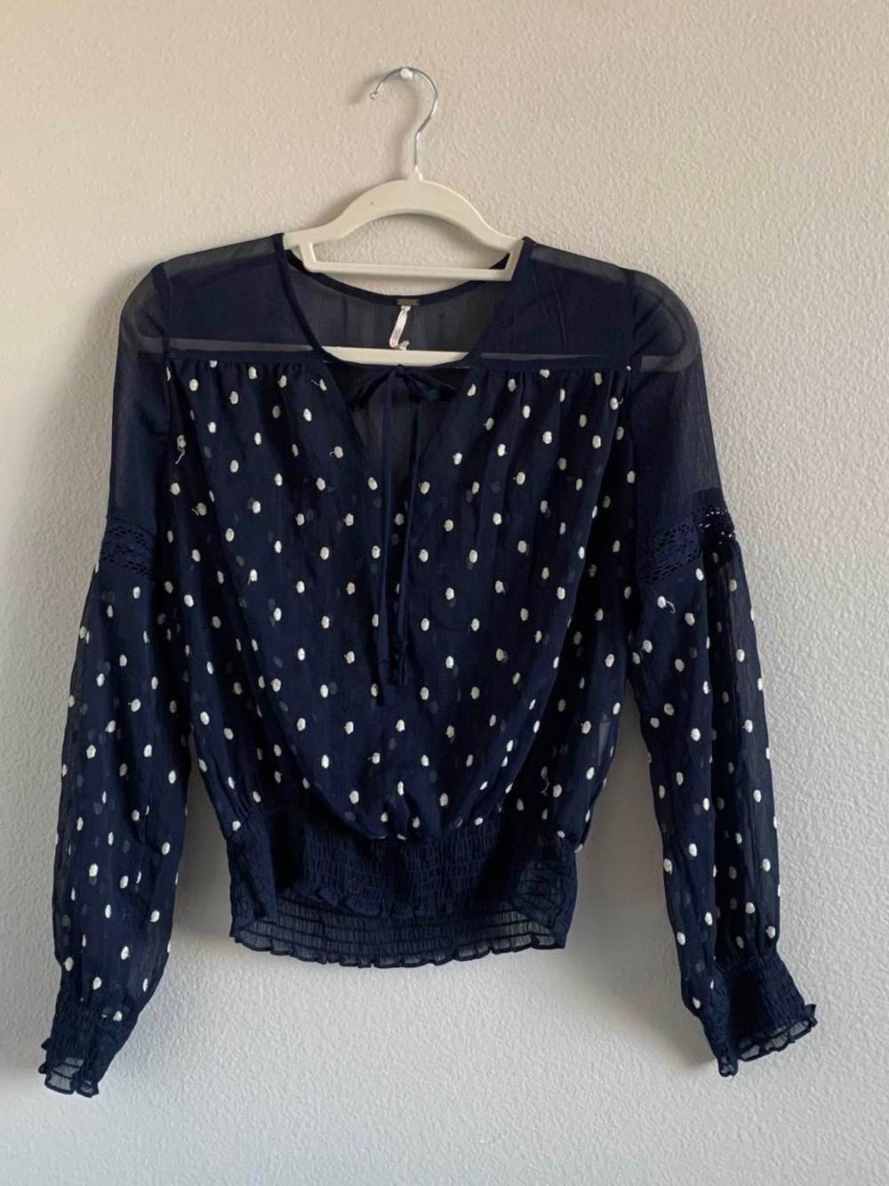 Free People Navy and White Polka Dot Long-Sleeve Blouse